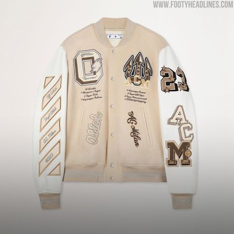 Off White Varsity Jacket, American Street Fashion, Off White Jacket, Leather Sleeves, Y2k Jacket, Leather Sleeve, Ac Milan, White Jacket, Outerwear Coats