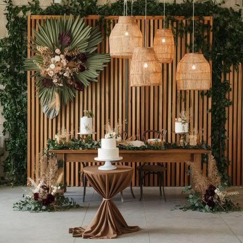 Native Theme Wedding, Elegant Party Backdrop, Wood Backdrop With Flowers, Wooden Backdrop Wedding, Green Floral Backdrop, Rustic Event Decor, Brown Party Decorations, Wood Panel Backdrop, Wood Backdrop Wedding