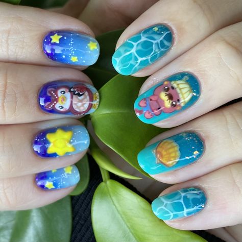 Animal crossing nails. Celeste. Pascal the otter. ACNH nail design Katie Animal Crossing, Animal Crossing Nail Art, Acnh Nails, Stardew Nails, Otter Nails, Celeste Cosplay, Acnh Pascal, Pascal Animal Crossing, Animal Crossing Nails