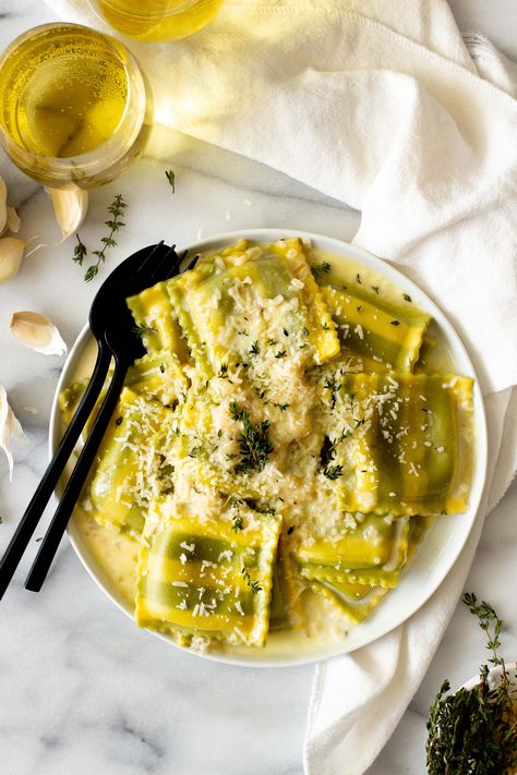 Spinach, Asiago & Roasted Garlic Ravioli with Asiago Cream Sauce by Nuovo Pasta Roasted Garlic Ravioli, Asiago Cream Sauce, Spinach Ravioli, Chef Craft, Ravioli Recipe, Italian Alps, Artisan Cheese, Asiago, Simply Delicious