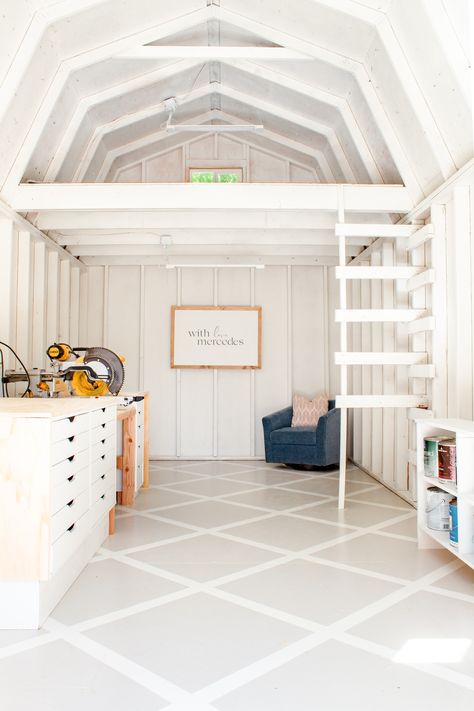 She Shed With Bathroom Plans, Turning A Shed Into A Playhouse, Inside Sheds Interiors, Tuff Shed Conversion, Writers Shed Interior, Tuff Shed Makeover, Loft Shed Ideas, Turn Shed Into Playhouse, Shed Turned Into Salon