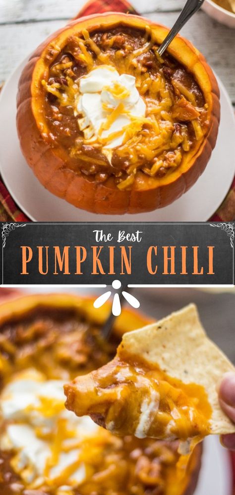 This Pumpkin Chili recipe is a delicious, healthy and satisfying fall twist on the classic! Loaded with protein to keep you full, and plenty of veggies to boost your Immune system. This is the best pumpkin chili! This easy pumpkin chili recipe is great for the whole family - kids love it too! Make it in the slow cooker, or in a pot on the stove. #pumpkinchili #chili #pumpkin #fallrecipes Pumpkin Chili Recipe Crockpot, Pumpkin Beer Chili, Pumpkin Dinner Recipes, Chilli Recipe Crockpot, Chili Pumpkin, Pumpkin Chilli, Fall Chili, Pumpkin Dinner, Turkey Pumpkin Chili