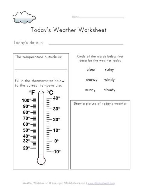 SC.2.P.8.5 Measure and compare temperatures taken every day at the same time.  Kids Website  today's weather worksheet. Weather Worksheets For Kids, Weather Names, Weather Activities Preschool, Drawing A Picture, Teaching Weather, Weather Worksheets, Preschool Weather, Weather Vocabulary, Red Clogs