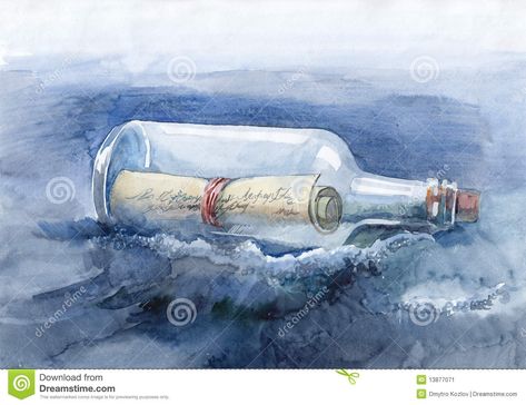 Bottle Drawing Ideas, Message In A Bottle Drawing, In A Bottle Drawing, Underwater Drawing, Bottle Drawing, Bottle Images, Postcard Set, Let's Chat, Message In A Bottle