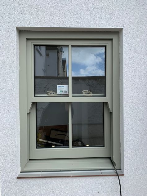 Accoya sash window manufactured by Medina Joinery. Window painted in Farrow & Ball French Grey Farmhouse Sash Windows, Cottage Sash Windows, Green Sash Windows, White House With Green Windows, Painted Sash Windows, Sash Windows Exterior, Cottage Windows Ideas, French Grey Windows, Sage Window Frames