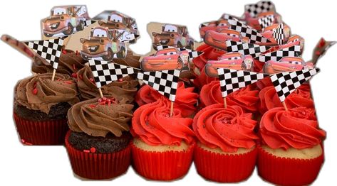 Lightning McQueen and Mater cupcakes. Homemade signs printed at 2” scale, cut, and taped to toothpicks Lightning Mcqueen Cupcakes, Lightning Mcqueen And Mater, Mcqueen And Mater, Lightning Mcqueen Party, Cupcakes Homemade, Cars Cupcakes, Homemade Signs, Disney Cars Birthday, Cars 4