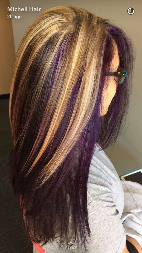 Purple And Blonde Hair, Purple Hair Color Highlights, Balayage Bangs, Hair Highlights And Lowlights, Purple Highlights, Highlights And Lowlights, Hair Color Purple, Hair Color Highlights, Hair Color And Cut