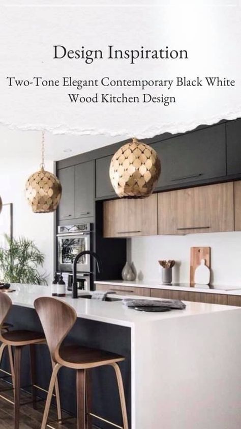 Afro Modern Kitchen, Black White And Brown Kitchen Modern, Modern Black And Wood Kitchen, Walnut Black Kitchen, Walnut And Black Kitchen, Black And Walnut Kitchen, Modern Earthy Kitchen, Black And Natural Wood Kitchen, Wood And Black Kitchen