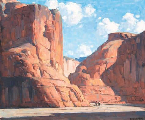 Edgar Payne devoted a great deal of time to painting the different moods of Canyon de Chelly. In Riders in Canyon de Chelly the great rock chasm is so majestic that the riders almost go unnoticed. This composition of red rock and blue sky went for $280,800. Southwest Paintings, Desert Clouds, Edgar Payne, Canyon De Chelly, Landscape Study, Maynard Dixon, Dry Desert, Southwest Art, White Birch