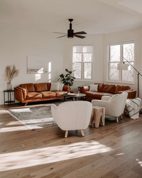 31 Leather Couch Living Room Ideas for Rustic, Timeless Comfort Leather Couch Living Room Ideas, Brown Leather Couch Decor, Bright Modern Farmhouse, Tan Leather Couch Living Room, Modern Black Ceiling Fan, Brown Leather Sofa Decor, Brown Leather Sofas, Leather Couch Decorating, Leather Couch Living Room