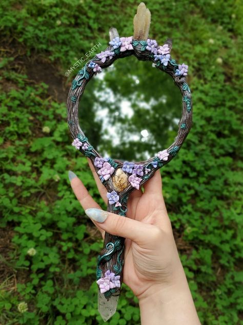 Polymer Clay Trinkets, Witchy Clay Crafts, Polymer Clay Mirror, Mirror Sculpture, Clay Molds, Tiffany Stone, Tourmalated Quartz, Crystal Top, Celtic Goddess