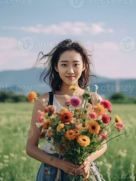 Lovely woman holding a beautiful autumn bouquet flower arrangement with pink and red color flowers green lawn on background, Generative AI Person Holding Flower Reference, Flower Bouquet Reference, Person With Flowers, Holding Flowers Pose, Woman Holding Flowers, Aesthetic Comic, Holding Bouquet, Autumn Bouquet, Bouquet Flower