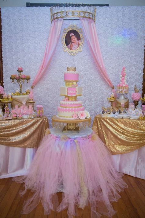 Royal Princess birthday party | CatchMyParty.com Crown Backdrop, Royal Princess Birthday Party, Princess Birthday Party Food, Sleeping Beauty Birthday Party, Royal Princess Birthday, Royal Birthday Party, Princess Birthday Party Decorations, Princess Theme Birthday, 1st Birthday Party For Girls