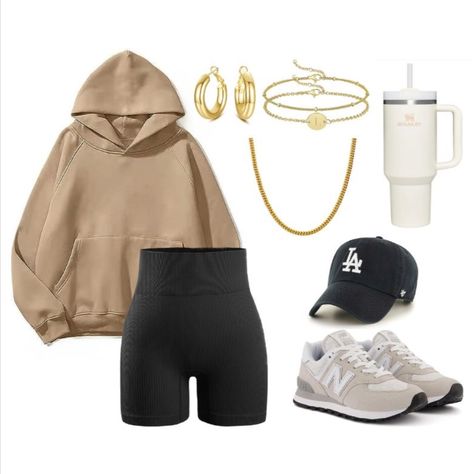 School outfit inspo
College outfit inspo
Fall outfit inspo
Tan sweatshirt
Black Biker shorts
Sweatshirt
Bikershorts
Gold Jewelry
Gold Earrings
Gold Necklace
Gold Bracelets
Stanley Cup
Cream Stanley cup
LA dodgers hat
Black dodgers hat
Black baseball cap
New balance Sneakers
New Balance Women's 574 Core Sneaker
Clean girl 
Clean girl outfit
Clean girl Aesthetic 
Back to school
Outfit inspo
Neutral 
Neutral outfit inspo
Comfy outfit 
Amazon finds
Amazon fashion Tan Sweatshirt Outfit, White Hokas, Tan New Balance, Cream Stanley, Comfy School Outfits, Black And Gold Aesthetic, Black Biker Shorts, Lazy Day Outfit, Gym Clothes Women