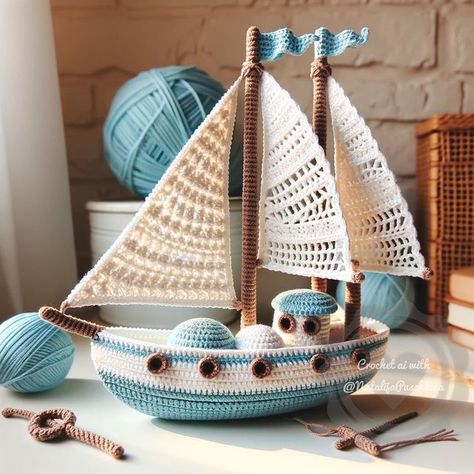 Crochet Dreams on Instagram: "May every day be filled with little wonders like this crocheted sailboat, sailing the seas of your imagination! 🌊   🌟 Hello everyone, my fellow crochet enthusiasts! 🧶  I’m excited to present to you a unique collection of crochet ideas, created using artificial intelligence. Each design in this gallery was personally generated by me to inspire new creative endeavors and demonstrate the limitless possibilities of our beloved art of crochet. 🍓🍄☂️🐣🐠  Browse, dream, and most importantly - share your thoughts. Your suggestions and opinions are very valuable: let me know which of these ideas you would like to bring to life? What kind of workshops would interest you?  This is your chance to influence the creation of something truly magical and learn new crochet Crochet Sailboat Pattern, Boat Crochet, Crochet Sailboat, Crochet Nautical, Crochet Boat, Crochet Dreams, Crochet Leaf Patterns, Crochet Leaves, Crochet Teddy