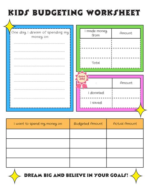 💰 Get your kids excited about saving and spending with our Free Budgeting Worksheet For Kids and guide for parents! 🌟 Teach them the importance of money management and have a blast doing it! 🚀 #PersonalFinance #FinancialLiteracy #Children #Kids #HomeSchool #Budget #Worksheet #Printable #MoneyGames #LearningMoney Budgeting Worksheets Free Printables, Money For Kids, Life Skills Activities For Kids, Budget Activities For Students, Kids Budget Worksheet, Life Skills For Teens Free Printable, Teach Money To Kids, Kindergarten Financial Literacy, Financial Literacy For Kids