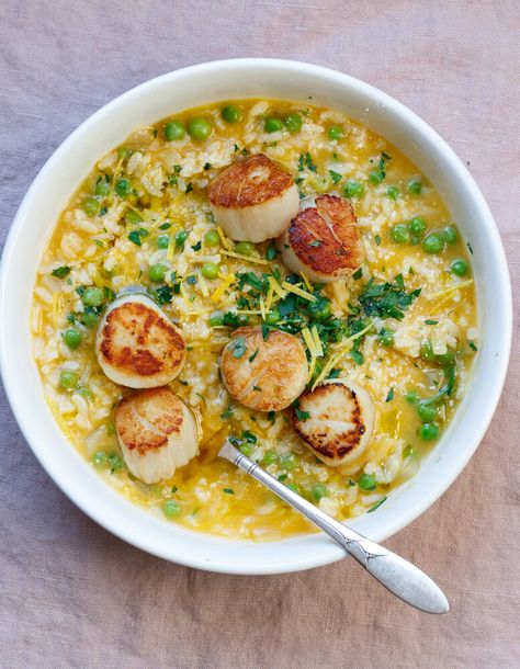 Spring Pea Risotto with Lemon (and Scallops ) — Amanda Frederickson Spring Pea Risotto, Spring Risotto Recipes, Spring Pea Recipes, Scallop Risotto Recipes, Spring Peas Recipes, Vegetable Tart Recipes, Spring Risotto, Pea Risotto, Spring Appetizers