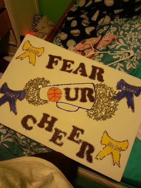 Fear Our Cheer #Cheer #poster #ideas School Cheer Poster Ideas, Cheer Poster Ideas For Competition, Drill Team Poster Ideas, Diy Cheer Posters Signs, Cheer Signs For Competition Ideas, Poster Ideas For Cheerleaders, Freshmen Posters Pep Rally, Banner Ideas For Cheering, Cheer Posters For Cheerleaders