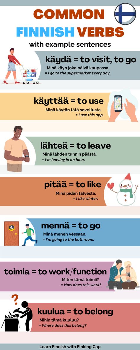 Learn Finnish verbs and simple Finnish example sentences. In this video, we'll go through 29 common verbs in Finnish. You will hear the basic form (the "dictionary form") of the Finnish verb and a couple of Finnish phrases, so that you actually hear the verbs in use. Finnish Learning, Finnish Words And Meanings, Learning Finnish, Finnish Vocabulary, Finnish Grammar, Learn Finnish, Finnish Language, Finnish Words, Swedish Language