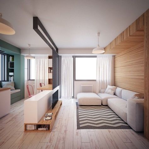 Ultra Tiny Home Design: 4 Interiors Under 40 Square Meters Square Open Plan Kitchen Living Room, Small Apartment Decorating Living Room, Skopje Macedonia, Sofa Santai, Small Apartment Living Room, Apartment Plans, 아파트 인테리어, Small Apartment Living, Tiny Apartment