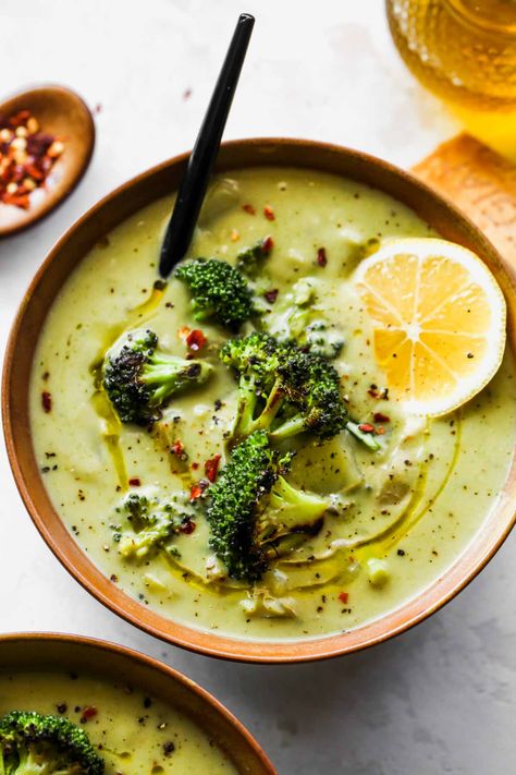 Creamy Caramelized Broccoli Soup | Dishing Out Health Healthy Broccoli Cheese Soup, Berry Trifle Recipe, Broccoli Soup Healthy, Dishing Out Health, Healthy Broccoli, Berry Trifle, Soup Healthy, Soup Dish, Broccoli Soup