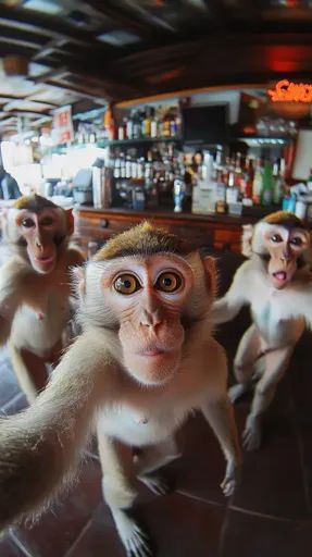 ↑↑↑ Larger size on website 🔸 Three monkeys are sitting in a bar. The monkey in the foreground is taking a selfie with its two fri Three Monkeys Funny, Mouth Slightly Open, Curious Expression, Two Monkeys, Three Monkeys, Monkeys Funny, Two Friends, Liquor Bottles, Bar Counter