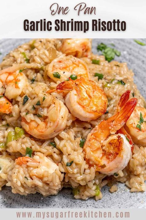 This Garlic Prawn Risotto is rich and creamy AND lower in calories. With tender juicy prawns and perfectly cooked rice that absorbs all the garlicy and savory flavors this is on the table in under 40 minutes. Shrimp Risotto Recipes Easy, Prawns And Rice, Prawn Risotto, Creamy Garlic Prawns, Crab Risotto, Garlic Prawn, Bacon Risotto, Easy Risotto, Risotto Recipes Easy