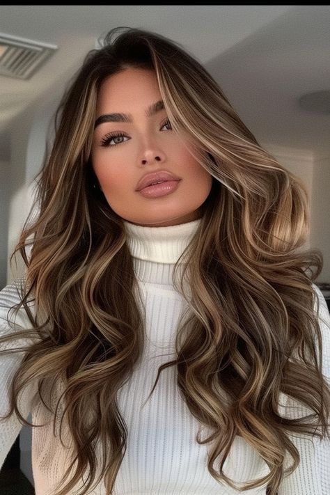 Infuse your brunette locks with caramel goodness! This balayage style offers a soft, natural blend for a radiant finish. #HairGoals #BrunetteBeauty Balyage Long Hair, Rambut Brunette, Tan Skin Blonde Hair, Honey Brown Hair, Brown Hair Looks, Bronde Balayage, Brown Hair Inspo, Brunette Hair With Highlights, Brown Hair Balayage