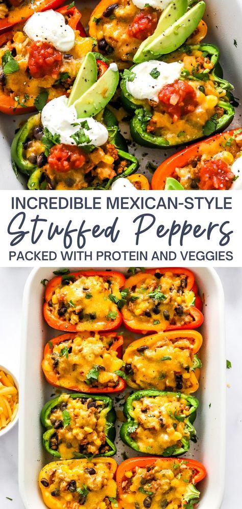 Corn And Black Beans, Taco Stuffed Peppers, Health Dinner, Ground Turkey Recipes, Health Dinner Recipes, Peppers Recipes, Mexican Style, Bell Peppers, Ground Turkey