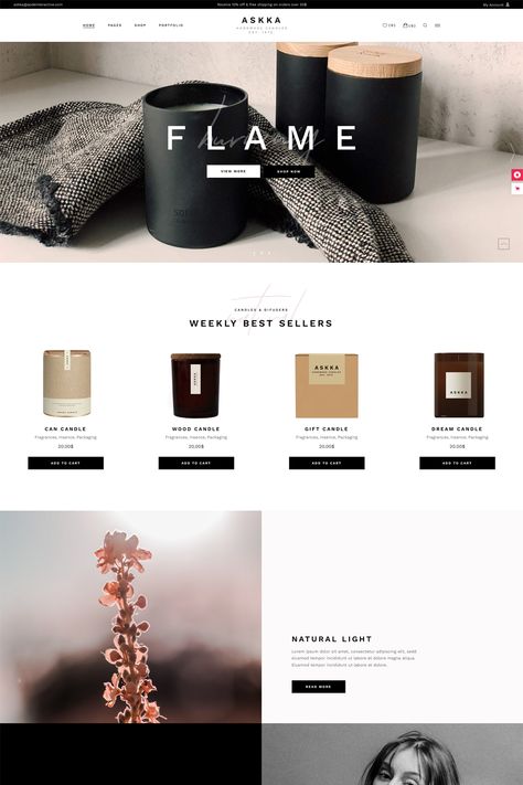 Askka - Candle Shop is a WordPress theme designed specifically for creating an online store for candle shops. It is available on ThemeForest and offers a range of features and customization options tailored to the needs of a candle business. Shopify Candle Website, Candle Website Design Ideas, Luxury Ecommerce Website, Candle Website Design Inspiration, Candles Marketing, Candle Website Design, Candle Website, Luxury Scents, Business Candle