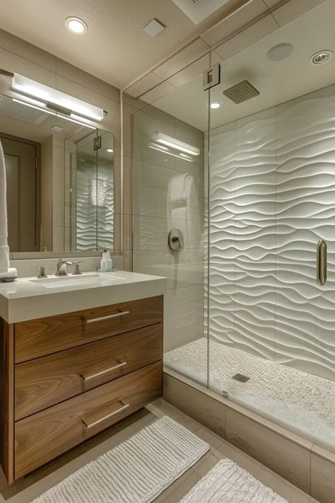 Coastal Bathroom Tile, Wave Tile, Bathroom Shower Ideas, Beautiful Tile Bathroom, Tile Showers, Modern Fixtures, Small Bathroom Interior, Coastal Bathroom, White Bathroom Tiles