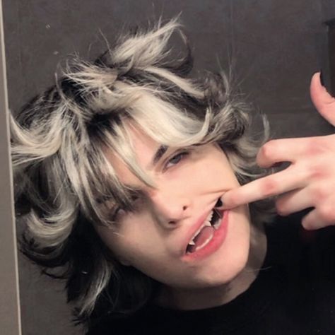 @mvrxder on ig // alt boy fluffy hair alternative spiky anime wolf cut emo goth tiktok White Hair Men Aesthetic, Black And White Hair Men, Hair Dye Ideas Men, Boy Fluffy Hair, Fluffy Hair Boy, Grey And White Hair, Brown And White Hair, White Boy Hairstyle, Alt Drawing