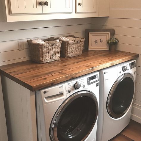 Custom Washer and Dryer Topper - Transform Your Laundry Room into a Stylish Workspace Elevate your laundry room effortlessly with our beautifully crafted Washer and Dryer Topper. Create a new and attractive workspace without the need for a complete overhaul! Product Highlights: Smooth, Protective Finish: Each topper is coated with durable polyurethane, providing a glossy surface that won't transfer color or wood fibers to your clothes. Customizable Dimensions: While the model shown measures 67" Butcher Block Countertops Laundry Room, Countertop Washer, Laundry Furniture, Organization Laundry Room, Washer And Dryer Stand, Laundry Room Countertop, Organization Laundry, Dryer Stand, Laundry Room Remodel