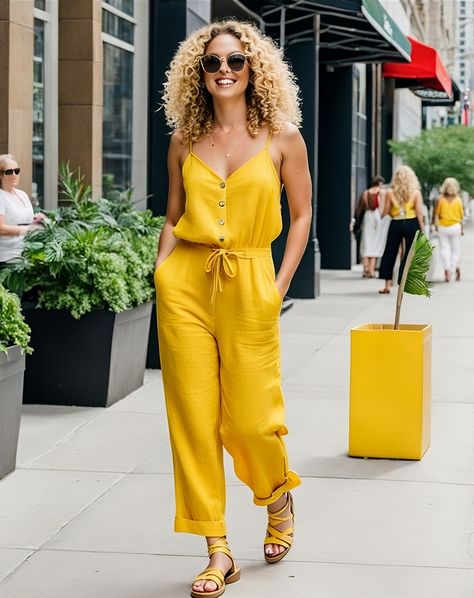 Yellow Summer Jumpsuit That Brings The Sunshine Yellow Floral Sundress, Summer Jumpsuit Casual, Linen Pants Suit, Yellow Jumpsuit, Summer Yellow, Boho Summer Dresses, Yellow Outfit, Jumpsuit Outfit, Boho Chic Outfits