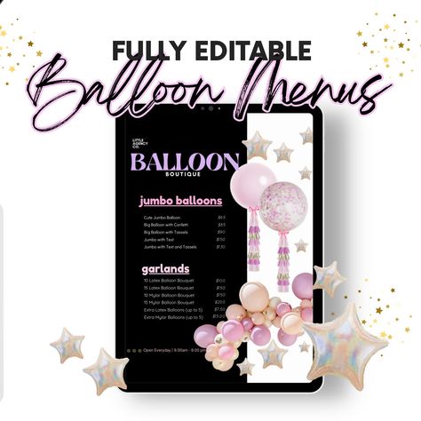 Transform Your Balloon Business with Our Editable Balloon Menu Templates! 🎈 Perfect for Balloon Artists. Bring your balloon decor vision to life and wow your clients with professional pricing and presentation. Download now and elevate your event styling business! #BalloonMenu #BalloonMockup #BalloonDecor #sweetcart #MarqueeLetters #Backdrops #EditableMenu #CanvaTemplates #BalloonArch #BalloonArtist #BalloonGarland #WeddingStyling #PartyDecor Styling Business, Balloon Business, Balloon Template, Menu Mockup, Sweet Carts, Party Planners, Planning Tools, Marquee Letters, Balloon Decor