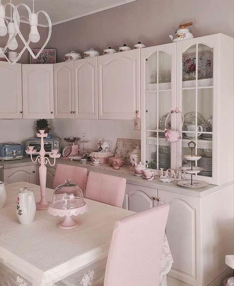 Make Up Area Ideas, Angelcore House, Coquette Apartment, Pink Kitchen Aesthetic, Coquette Kitchen, Real Coquette, Coquette House, Feminine Apartment, Music On Spotify