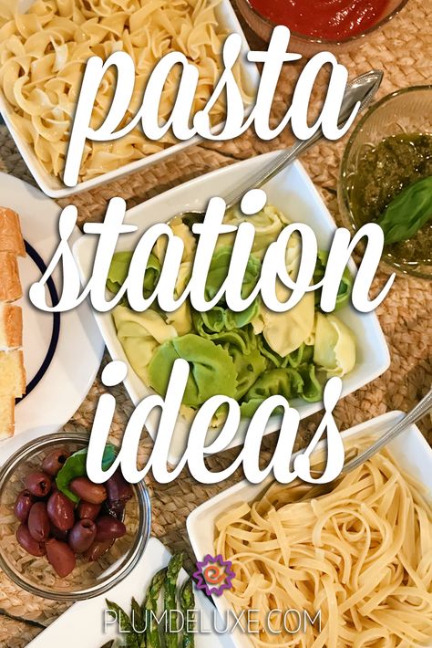 Check out these awesome mix-and-match pasta station ideas for your next pasta party. #pastapartyideas #pastapartybuffet #pastaforrunners Pasta Ideas For Party, How To Host A Pasta Bar Party, Pasta Party Ideas Team, Pasta Buffet Ideas Food Bars, Pasta Bars For Parties, Banquet Meals Ideas Food, Serving Pasta At A Party, Pasta Bar Decorations, Italian Food For A Crowd Parties