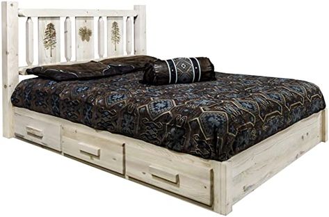 Montana Woodworks Homestead Collection Platform Bed w/Storage, King w/Laser Engraved Pine Design, Clear Lacquer Finish Rustic Platform Bed, California King Platform Bed, Black Forest Decor, Full Platform Bed, King Platform Bed, Twin Platform Bed, Platform Bed With Storage, Bed With Storage, Pine Design