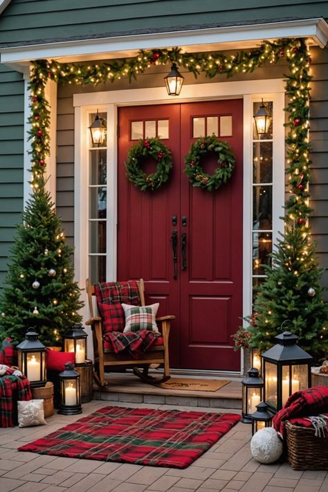 20 Christmas Porch Decorating Ideas – ToolzView Simple Front Yard Christmas Decor, Rustic Christmas Porch Ideas, Lakehouse Christmas Decor, Simple Christmas Outdoor Decor, Farmhouse Porch Christmas Decor, Christmas Bench Ideas Front Porches, Patio Christmas Decorating Ideas, Christmas Porch Lights, Christmas Decor Ideas Porch