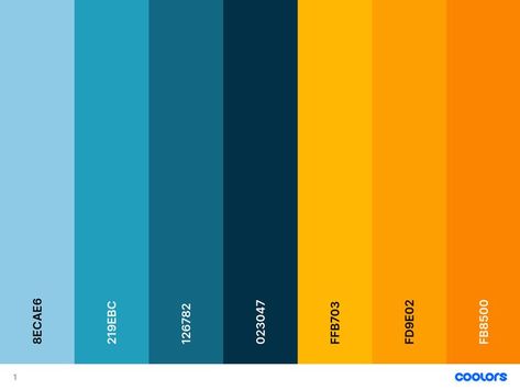 Orange Yellow Blue Color Palette, Blue And Yellow Colour Palette, Blue And Yellow Color Palette, Blue Pallets, Logo Design Color Palette, Web Design Websites, Create Color Palette, Orange Color Palettes, Web Colors