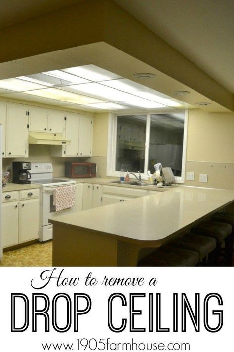 A 1980s drop ceiling is removed in a kitchen to open up the space and create a more modern farmhouse feel #diyproject #farmhousekitchen #demoday Drop Ceiling Makeover, Kitchen Lighting Remodel, Drop Down Ceiling, Ceiling Remodel, Kitchen Soffit, Kitchen Ceiling Design, Lighting Makeover, Drop Ceiling Lighting, Drop Ceiling