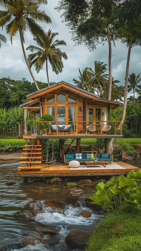 Home On Stilts, Cabin On Stilts, Exterior Fireplace, Bahay Kubo, House On Stilts, Rest House, House Cabin, Village House Design, Tiny House Cabin