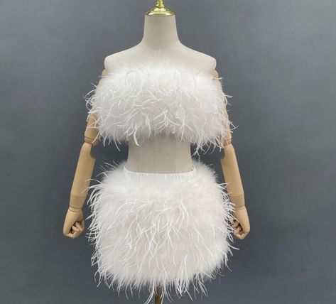 Made to Order - Production cannot be rushed. Please 4-6 days for the set to be made.  Beautiful handmade fluffy ostrich feather crop/tube top and mini skirt set. Please message me with your exact bust, waist and hip measurements also your bra and cup size. I will assist you with choosing the correct size. Any sizes exceeding the sizes listed will be a custom order and price will vary.  Set is made to order, please allow 4-6 days for production and 5-7 days for shipping. Fluffy Skirt Outfit, Mini Skirt With Feather Trim For Night Out, Feather Mini Skirt, Feather Skirt Outfit, 2 Piece Outfit Set Pants, Pink Feather Skirt, Summer Mini Skirt With Feathers, Fitted Feather Mini Skirt, Fitted Feather Trim Mini Skirt