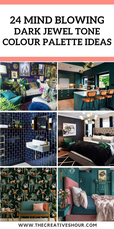 Deep Jewel Tones Color Inspiration, Jewel Tone Home Color Palette, Jewel Tone Laundry Room, Teal And Blue Color Palette, Jewel Tone Home Decor Inspiration, Jewel Tone Living Room Ideas, 70s Garage, Jewel Toned Bedroom, Dark Jewel Tone Color Palette