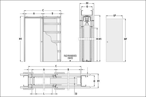 Dwg drawings for hinged and sliding pocket doors - ECLISSE World Door Detail Drawing, Flush Hinges, Sliding Cabinet Doors, Automatic Sliding Doors, Detail Drawing, Internal Sliding Doors, Door Plan, Sliding Pocket Doors, Double Sliding Doors