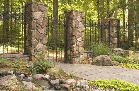 Split Rail Fence With Stone Pillars, Stone Pillar Fence, Metal Fence With Brick Columns, Stone And Wire Fence, Iron Fence Brick Columns, Boundry Wall, Pipe Fence, Charleston Gardens, Crooked Tree