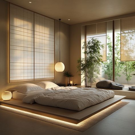 Create a calming retreat with a modern Zen bedroom that combines the elegance of traditional Japanese design with contemporary comforts. Soft lighting, natural elements, and minimalist furniture make this the perfect space for rest and relaxation. #ModernZen #JapaneseFusion #BedroomDesign #SerenityAtHome Modern Zen Bedroom, Modern Japanese Bedroom, Bedroom Japanese Style, Japanese Inspired Bedroom, Asian Bedroom, Neutral Color Palettes, Japanese Style Bedroom, Modern Japanese Interior, Japanese Bedroom