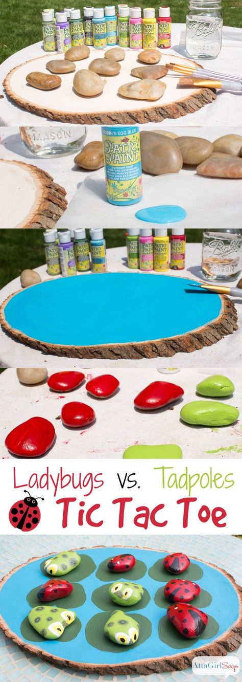 Paint your own ladybugs vs. tadpoles tic tac toe game. Tutorial at AttaGirlSays.com Summer Outdoor Games, Outdoor Games For Kids, Tic Tac Toe Game, Tic Tac Toe, Summer Diy, Tic Tac, Summer Crafts, Crafts To Do, Summer Kids