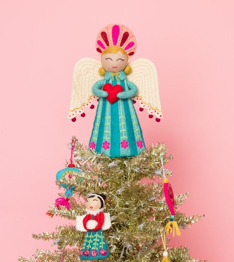 Celestial Tree Topper - Carol – French Knot Fabric Angel Tree Topper, Painted Christmas Angels, Felt Angel Tree Topper, Felt Tree Topper Diy, Felt Christmas Tree Topper, Crochet Tree Topper, Christmas Angel Diy, Tree Topper Ideas, Angel Topper