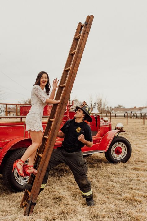 Firefighter engagement photos | engagement photos | engagement | Ring | wedding ring | fire truck | firefighter | firefighter fiancé | love | Nevada | Fallon | Raquel King Photography | Happy ever after | live happy | husband and wife Formal Photo Poses, Rings Engagement Couple, Firefighting Quotes, Couple Diamond Rings, Firefighter Wedding Photos, Funny Engagement Pictures, Firefighter Engagement Pictures, Motorcycle Wedding Pictures, Wedding Rings Country